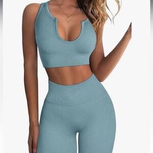 Womens Yoga Pants 2 Piece Cropped Top High Waist Seamless Legging